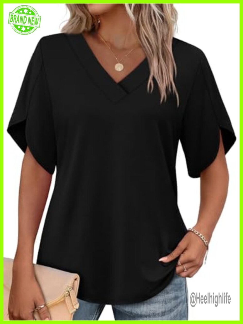 Womens Summer Top Split Petal Sleeve V Neck Loose Fit Casual Blouse